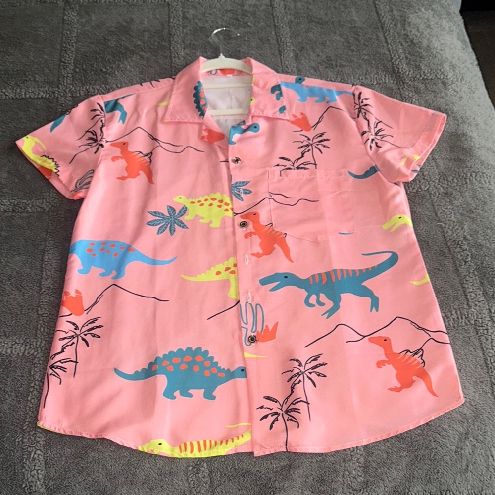 SHEIN Pink Dinosaur Print Casual Button Down Shirt